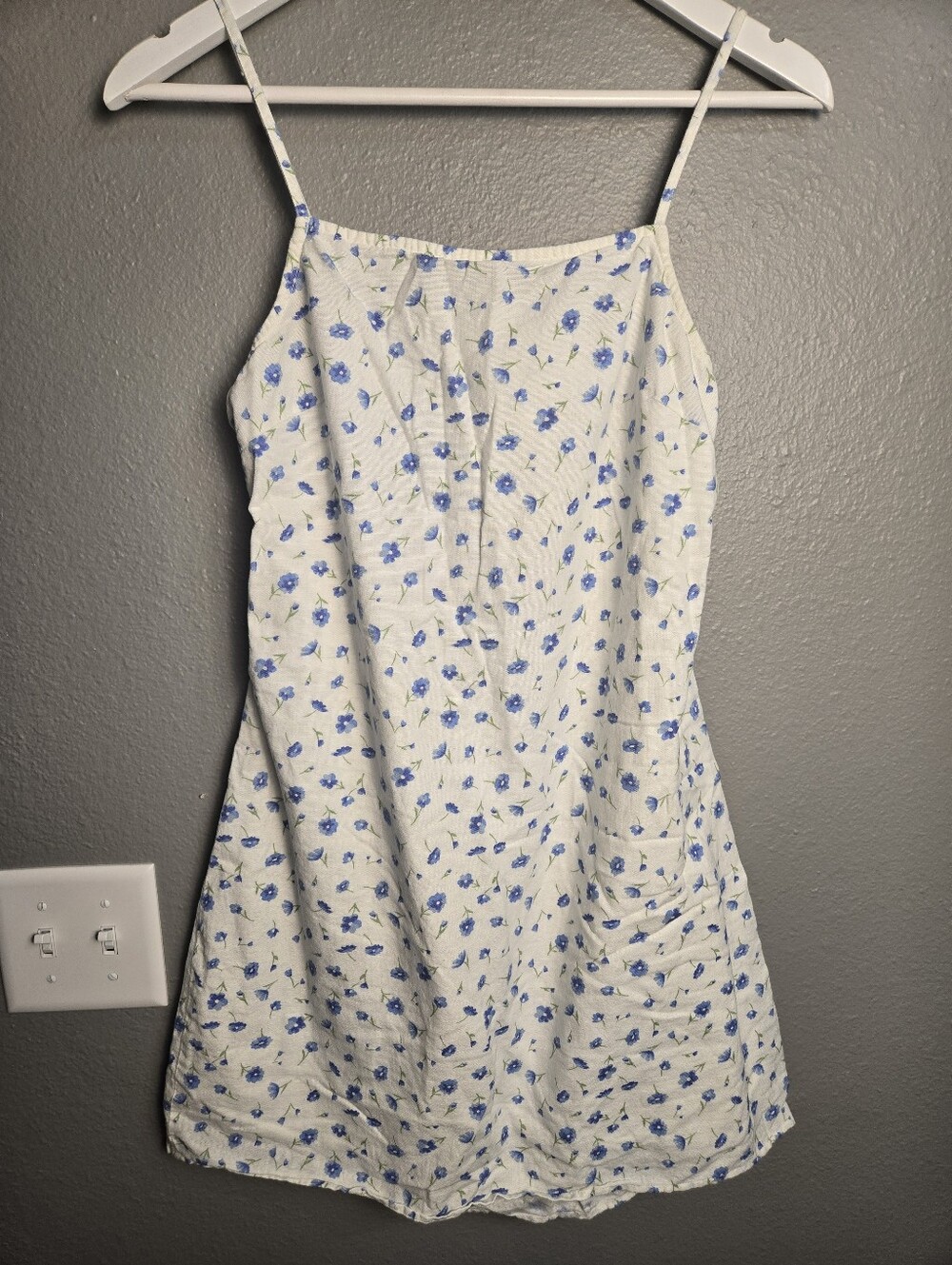 American Eagle Outfitters White Mini Dress with Blue Floral Print Linen Blend